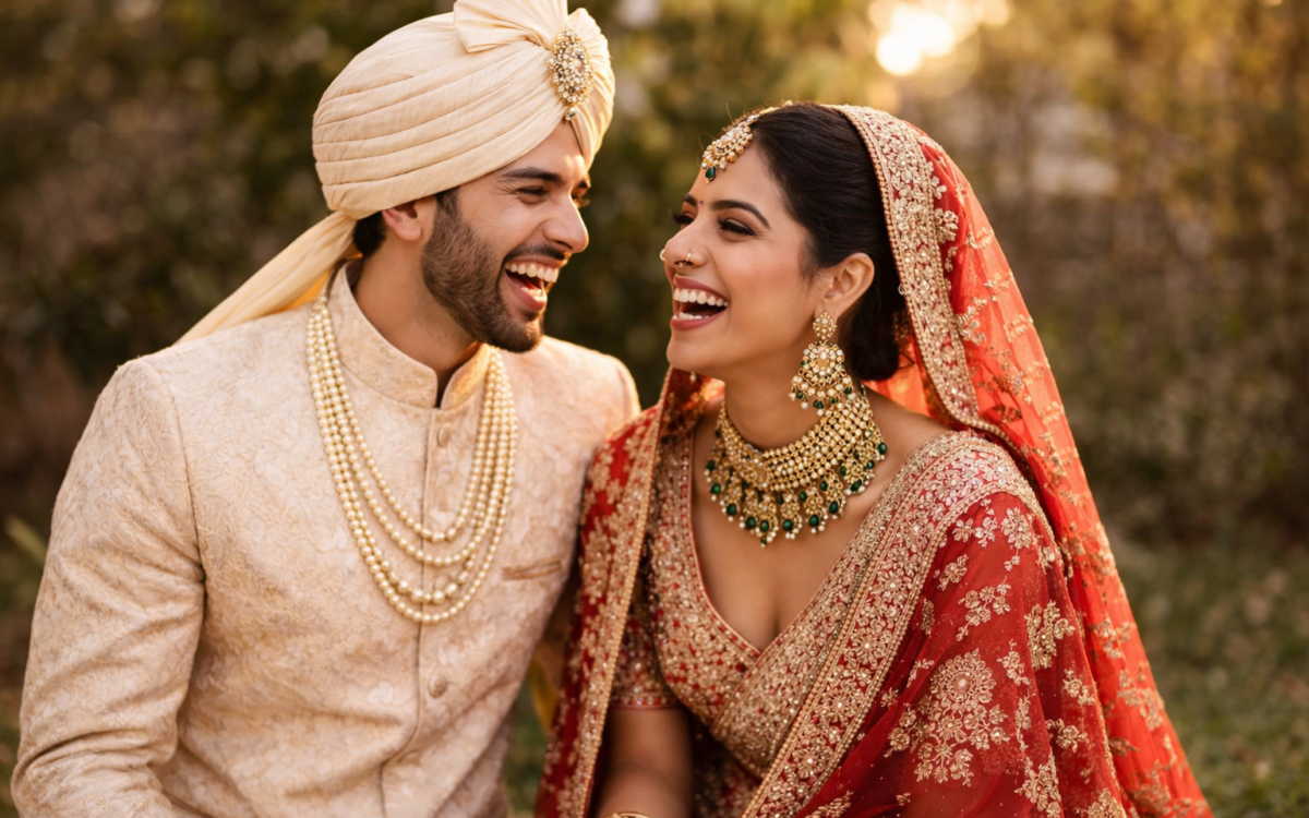 Happy bride and groom showing off their perfect wedding smile makeover.